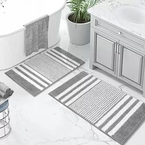 Tindbea Bathroom Rugs Set 2 Piece, Extra Soft and Absorbent Fluffy Striped Chenille Bath Mat Rug Set, Non Slip Bathroom Floor Mat, Machine Washable (20" x 32" Plus 16" x 24", Gray)