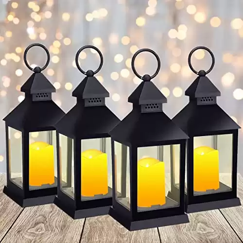 Kingdder 11.4 Inch Vintage Tall Decorative Lanterns Halloween Hanging Lantern with Flashing LED Pillar Candles Battery Operated Candles Lanterns Waterproof Lanterns for Wedding Outdoor Decor