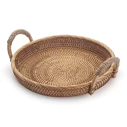 Round Woven Bread Basket Natural Fruits Storage Tray with Handles for Serving Food, Crackers, Snacks Natural (28cm D x 4.5cm H