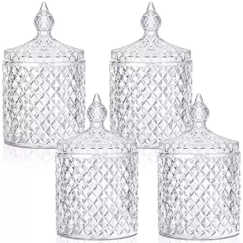 4 Pcs Crystal Glass Candy Jar with Lid Home Decorative Jar Glass Storage Bathroom Jars Jewelry Box Canister Jar for Cotton Swab Glass Jar for Bathroom, Pantry, Living Room, Kitchen (Clear)