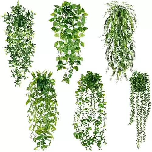 Artificial Hanging Plants for Shelf, 6 Pack Fake Potted Greenery Plant Faux Eucalyptus Vine, Mandala Vine, String of Pearls,Pea pod Leaves,Ivy Vine,Persian Grass Fern in Pot for Home Décor