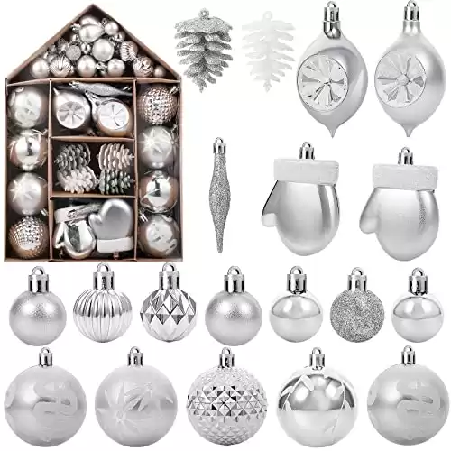 Canlierr 70 Pcs Christmas Tree Balls Ornaments Set Assorted Xmas Hanging Ornaments Balls with Hanging Loop for Christmas Tree Xmas Holiday Party Decoration Supplies (Silver)