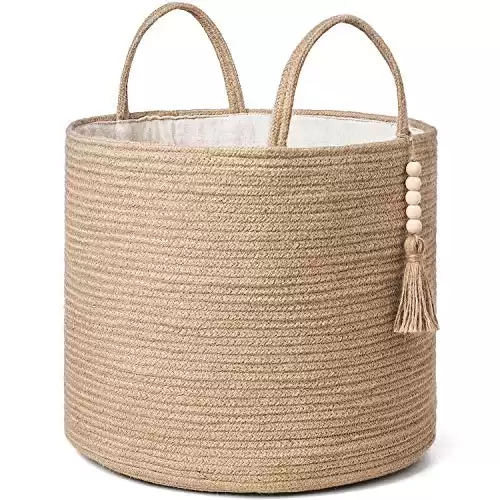 Mkono Woven Storage Basket Decorative Rope Basket Wooden Bead Decoration for Blankets,Toys,Clothes,Shoes,Plant Organizer Bin with Handles Living Room Home Decor, Jute, 16" W 13.8"L