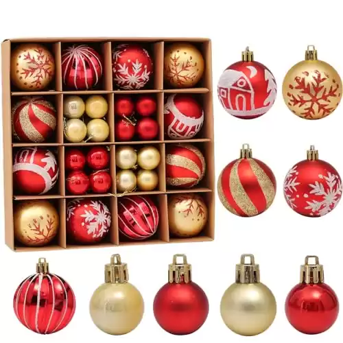 Christmas Balls Ornaments 44Pcs for Xmas Christmas Tree Theme Assorted Shatterproof Christmas Haning Ball Ornament Set Decorations for Xmas Tree, Holiday, Wedding,Festive Party (Red Gold)