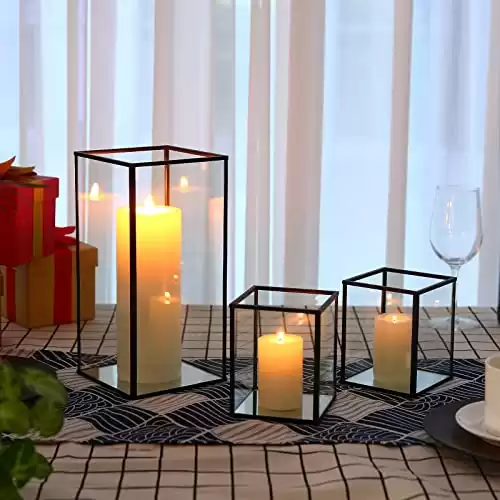 yshengood Glass Hurricane Candle Holder Set of 3 PCS, Black Frame and Glass Hurricane Candleholders