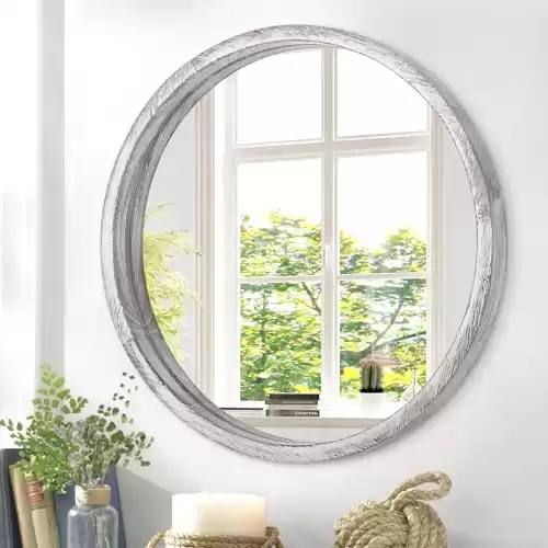 JJUUYOU Round Wall Mirror Circular Mirror for Bathroom, Rustic White Vanity Mirror Small Wall Circle for Wall Wood Frame Make up Mirror for Entryway Living Room, Bedroom, Dorm Decorative