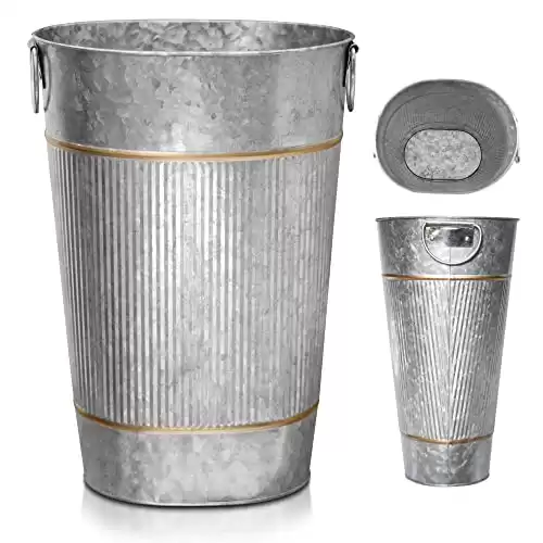 Tavenly Galvanized - Decorative Bronze Accents, Farmhouse Bathroom Accessories, Small Trash Can - Oval Vintage Tin Can, Waste Basket for Bathroom, Garbage Bin