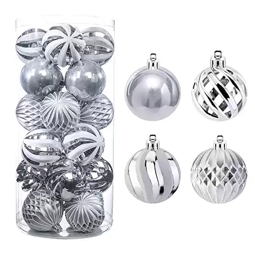 QinYing 24pcs 2.36'' Christmas Balls Ornaments Shatterproof Colorful Glittering Baubles Set Xmas Tree Pendants Holiday Party Balls Decoration(Silver & White 6cm)