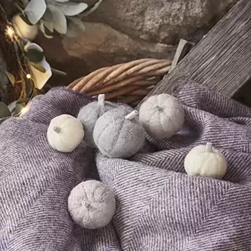 Lights4fun Set of 6 Autumn Halloween Grey & White Felt Pumpkin Table Decorations Indoor Use