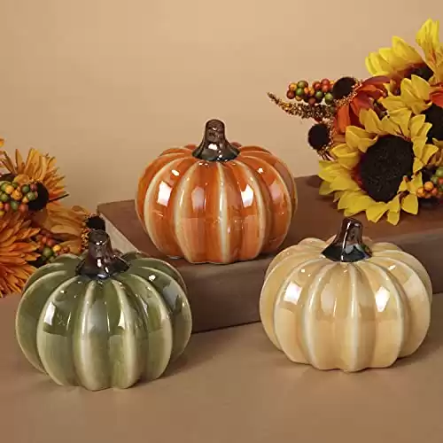 One Holiday Way 3.75-Inch Rustic Ceramic Decorative Faux Pumpkin Figurines Set of 3 Orange, Green, Yellow Fall Farmhouse Thanksgiving, Autumn Table or Shelf Decoration Country Harvest ...