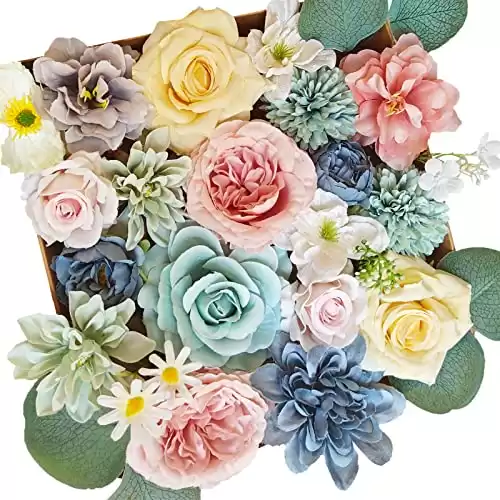 Rosviocca Artificial Flowers Bulk Dusty Blue Peony Teal Roses Daisy for Wedding Bridal Bouquets Fake Flowers for Decoration Silk Flowers with Stems for Centerpiece Faux Flores Arrangement Cake Décor