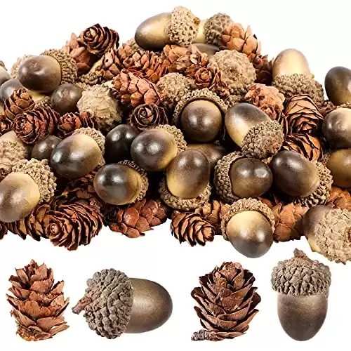 300 Pcs Christmas Mini Acorn Pine Cones Include 150 Natural Mini Pine Cone 150 Artificial Acorns Pine Cone Ornament Lifelike Small Acorn with Natural Cap Fake Acorn Prop for Vase Filler Home Bulk