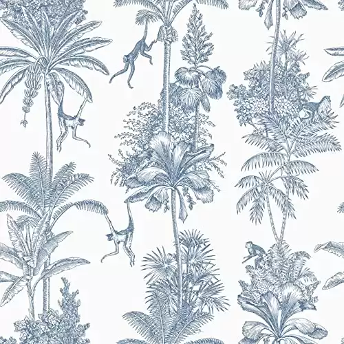 World of Wallpaper Monkey Troop Toile Exotic Monkey Trees Palm Leaves Blue Illustration Wallpaper Blue AF0010