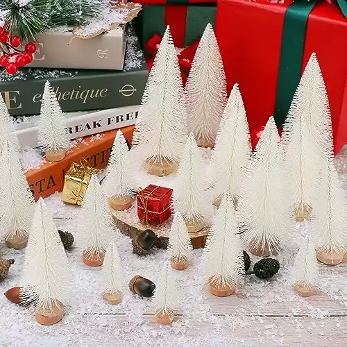 30Pcs Mini Christmas Tree Decor, Artificial Christmas Tree 5 Sizes,Mini Sisal Snow Frost Trees with Wooden Base for Christmas Decor Christmas Party Home Table Craft Decorations (Ivory-White)