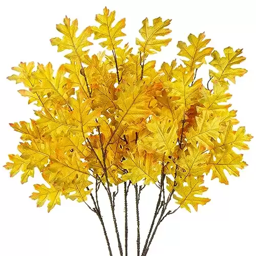 Briful 6PCS Artificial Fall Leaves Stems 32 Fall Foliage Branches Autumn Oak Leaves Spray for Home Kitchen Farmhouse Thanksgiving Table Centerpiece Mantle Halloween Décor(Yellow)