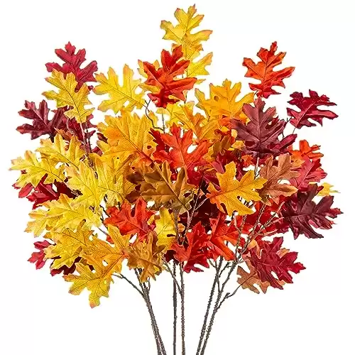 Hollyone 6 pcs Artificial Oak Leaves, Fake Oak Leaf Branches for Autumn Decorations, Faux Oak Bundles with Long Stems for Thanksgiving, Festival, Wedding, Home Decor, DIY, Party, Maple Leaves