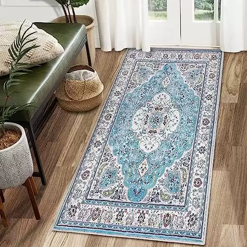 COMSLE Area Rug 2x4 Faux Wool Throw Rug for Entryway, Boho Washable Small Rugs Non-Slip Distressed Carpet Soft Accent Floor Rug for Indoor Entrance, Bedroom, Living Room, Kitchen (Light Blue)