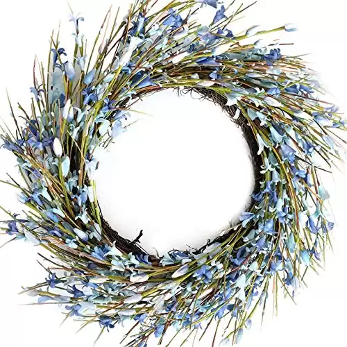 Bibelot 18inch Artificial Forsythia Flower Wreath, All Year Around Wreath for Front Door, Wedding Window Home Wall Indoor Front Door Decor (Blue, 18in)