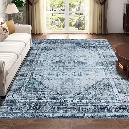 BRICHOEE Vintage Machine Washable Area Rug 5x7 Blue/Multi Low-Pile Indoor Floral Print Carpet Non Slip Printed Persian Boho Rug for Living Room