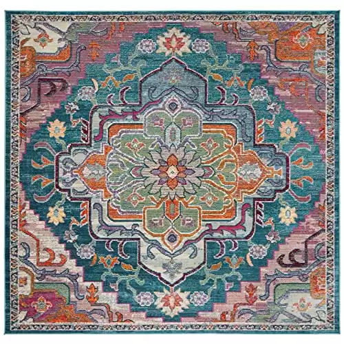 SAFAVIEH Crystal Collection 9' Square Teal / Rose CRS501T Boho Chic Oriental Medallion Distressed Non-Shedding Living Room Bedroom Dining Home Office Area Rug