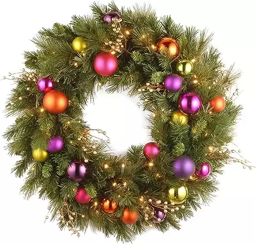 National Tree Company Pre-Lit Artificial Christmas Wreath, Green, Kaleidoscope, White Lights, Decorated with Berry Clusters, Ball Ornaments, Christmas Collection, 30 Inches