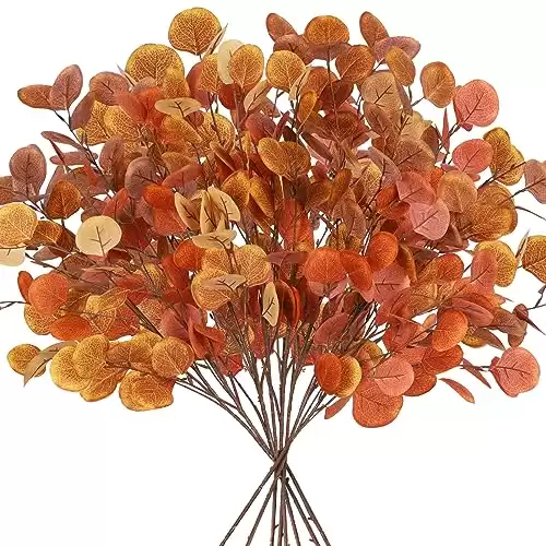 8pcs Fall Artificial Eucalyptus Leaves Stems, 3 Colors Silk Silver Dollar Eucalyptus Branches, Fall Eucalyptus Leaves Greenery Stems Plants for Fall Floral Arrangement Thanksgiving Table Centre Decor