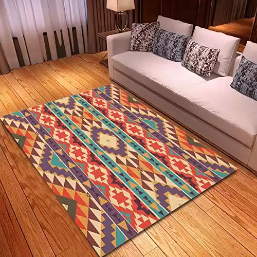 rouihot Non-Slip Area Rug 4 x 6 Orange Tribal Colorful Aztec Pattern Peru Native American Mexican Rugs Carpet for Classroom Living Room Bedroom Dining Kindergarten Room