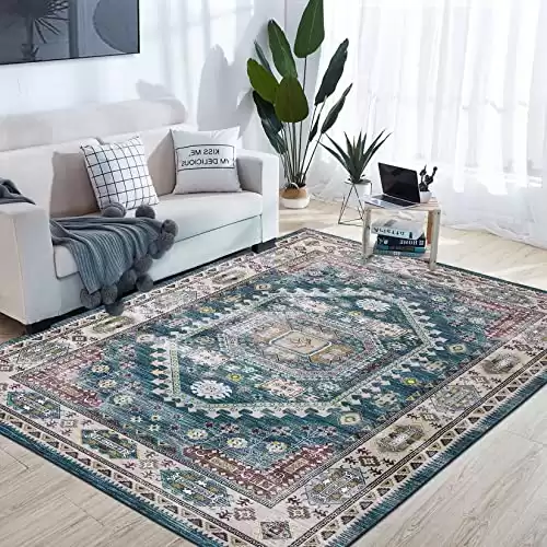 RUGSREAL 8x10 Area Rug Boho Washable Rugs Boho Distressed Tribal Area Rug Vintage Living Room Rug Large Area Rug Low Pile Non-Slip Rugs for Living Room Bedroom Interior Office 8x10