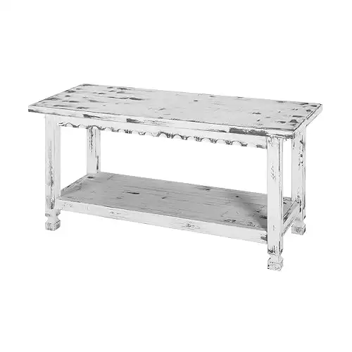 Rustic Cottage Bench with 1 Shelf, White Antique