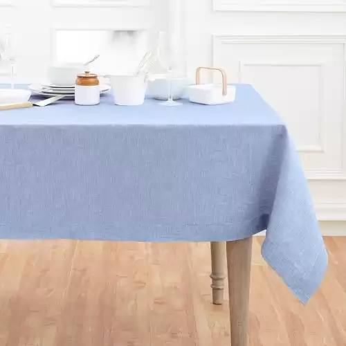 Solino Home Linen Tablecloth 90" L x 60" W Inch 100% Pure Linen Chambray Blue Christmas Tablecloth Machine Washable Rectangle Tablecloth for Winter, Indoor, Outdoor Decor Athena