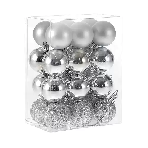 Christmas Balls Ornaments, 24pcs 4cm/1.5" Pre-Strung Hanging Ornaments Holiday Hanging Balls-3 Style Shatterproof Birthday Halloween Holiday Wedding Christmas Ornaments (Silver)