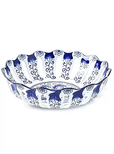 GaLouRo Blue and White Decorative Bowl, Blue Fruit Bowl, Berry Bowl, Chinoiserie Decor, Blue and White Porcelain Décor, Blue and White Fruit Bowl for Kitchen Counter, Home Decor,Round,10"