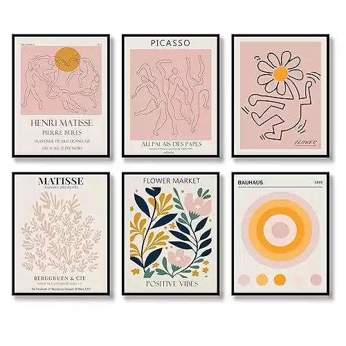 Retro Wall Art Prints Set of 6 Positive Vintage Posters Famous Abstract Illustration Wall Decor Exhibition Aesthetic Flower Market Matisse Picture Canvas Art Painting for Living Room Bedroom (C,