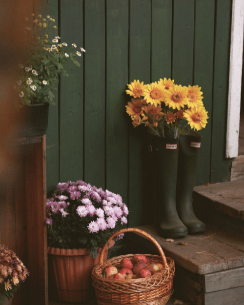 cottage front porch with flowers and wellies