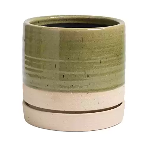 HERDUK 6 Inch Plant Pots, Ceramic Planter Pot with Drainage Hole & Saucer, Indoor/Outdoor Cylinder Round Planter Pot, Green & Beige