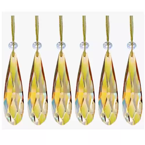 Crystal Glass Christmas Ornaments, 6Pcs Teardrop Prism Hanging Crystals for Christmas Tree,Centerpieces,Wedding,Party Decor (GOLD)