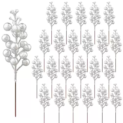 24 Pack Glitter Silver Berry Stems,7.5 Inch Christmas Sparking Silver Faux Winter Berry Sprigs,Artificial Silver Berries Branches for Christmas Tree Garland Wreath Crafts Season Winter Home Decor