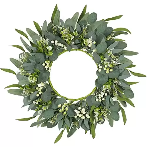 TOCHGREEN 22" Artificial Eucalyptus Wreath Spring Summer Wreath Green Eucalyptus Leaf Wreath with White Berries,Flower and Willow Leaves for Front Door Wall Farmhouse Porch Patio Garden Decor