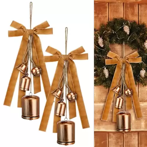 Lukmaa 2 Set Harmony Cow Bells Vintage Rustic Cow Bells Christmas Hanging Bells with 1 Roll Vintage Khaki Velvet Ribbon for Xmas Door Wreath Tree Garland Ornaments