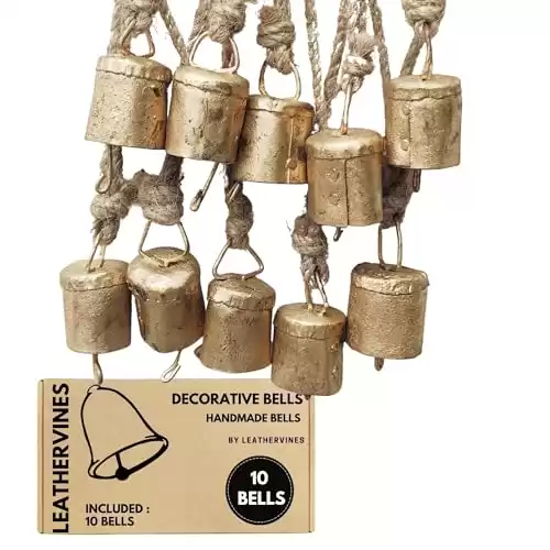 Small Vintage Rustic Lucky Tin Metal Cow Bells Handmade Christmas Décor Bells on Jute Rope (10, Cylinder)