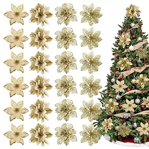 Whaline 24Pcs Christmas Poinsettia with 24Pcs Clips 4 Design Glitter Gold Artificial Flower Winter Party Supplies for Xmas Tree Ornament Wedding Birthday Wreath Decoration