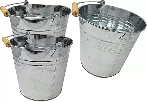 Large 2 Gallon Metal Bucket (3 Pack) Pail Tins Silver W/Wood Handle for Gifts Basket, Ice, Beer or Candy 10 top x 9 h x 7.5 Bottom