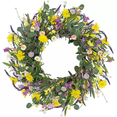 Spring Wreath 22" Spring Wreaths for Front Door Artificial Summer Wreath with Eucalyptus Leaf Lavender Daisy for Indoor Outdoor Home Decor Festival Celebrations