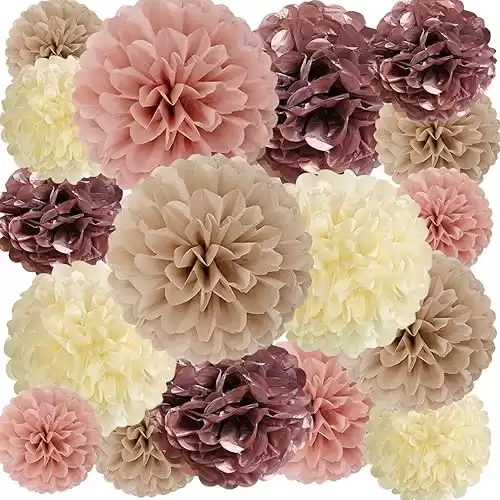 20 PCS Tissue Paper Pom Poms | White Brown Rose Gold Nude Pink Tissue Paper Flowers | Sizes of 6", 10", 12", 14" Paper Flower Wall Decor for Wedding, Birthday, Halloween, Christmas...