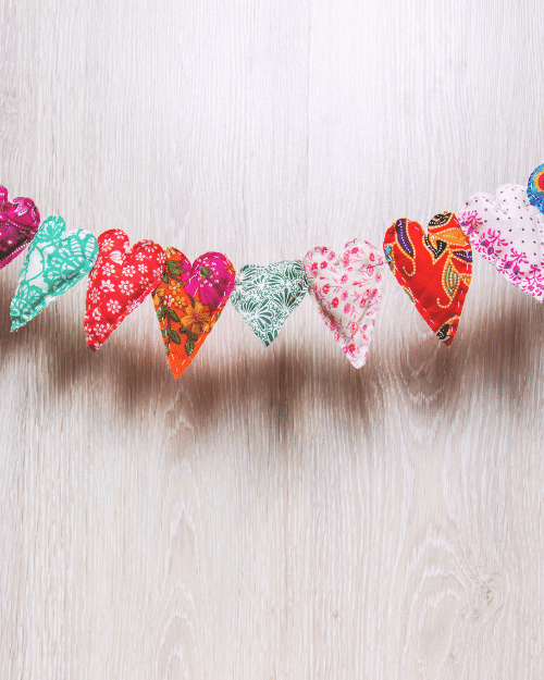 handmade heart shaped garland made with various colored fabrics