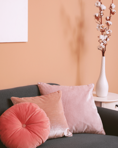 three pink cushions on sofa