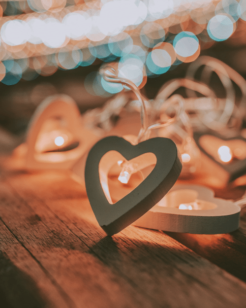 heart shaped string lights with warm glow