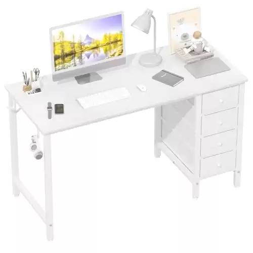 Lufeiya White Computer Desk with Drawers - 47 Inch Study Work Writing Desk for Home Office Bedroom, Simple Modern Cute PC Desks with Fabric Drawer, White