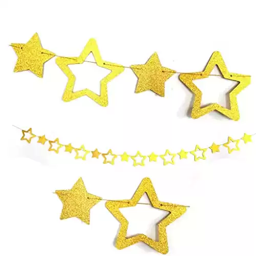 Glitter Star Garland Banner Double Side 9.84Feet Bright Gold Star Hanging Bunting Banner Backdrop for Engagement Wedding Baby Shower Birthday Christmas Decor Pre-Strung (Gold)