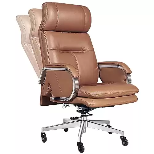 HUAUR Genuine Leather Modern Executive Chair High-Back Support 90 to 150 Degrees Tilt and Upholstered Home Desk Chair with Base 400LB Capacity Swivel Computer Office Chair (Orange)